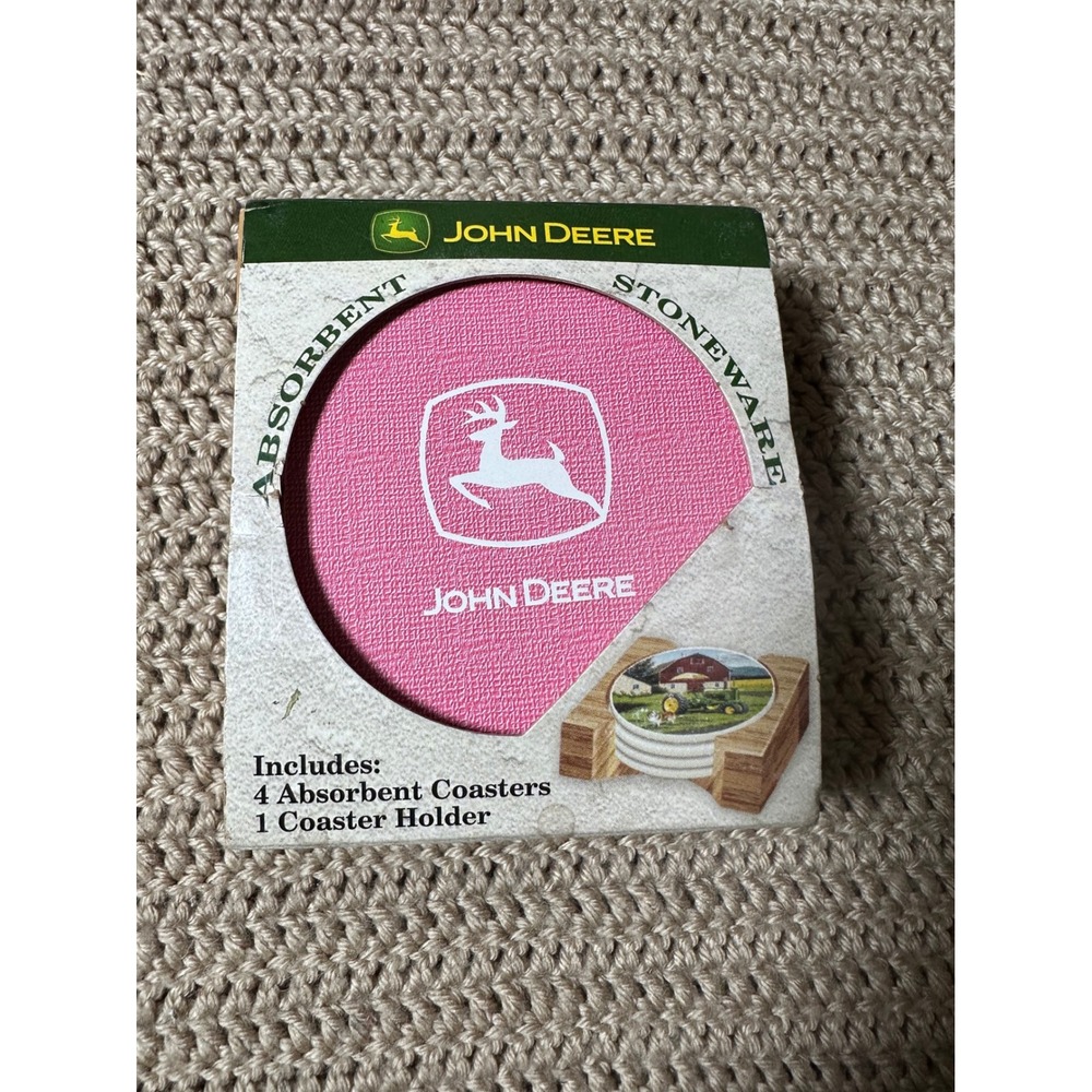 John Deere Pink Absorbent Stoneware Coasters with Wood Holder 5 Piece Set